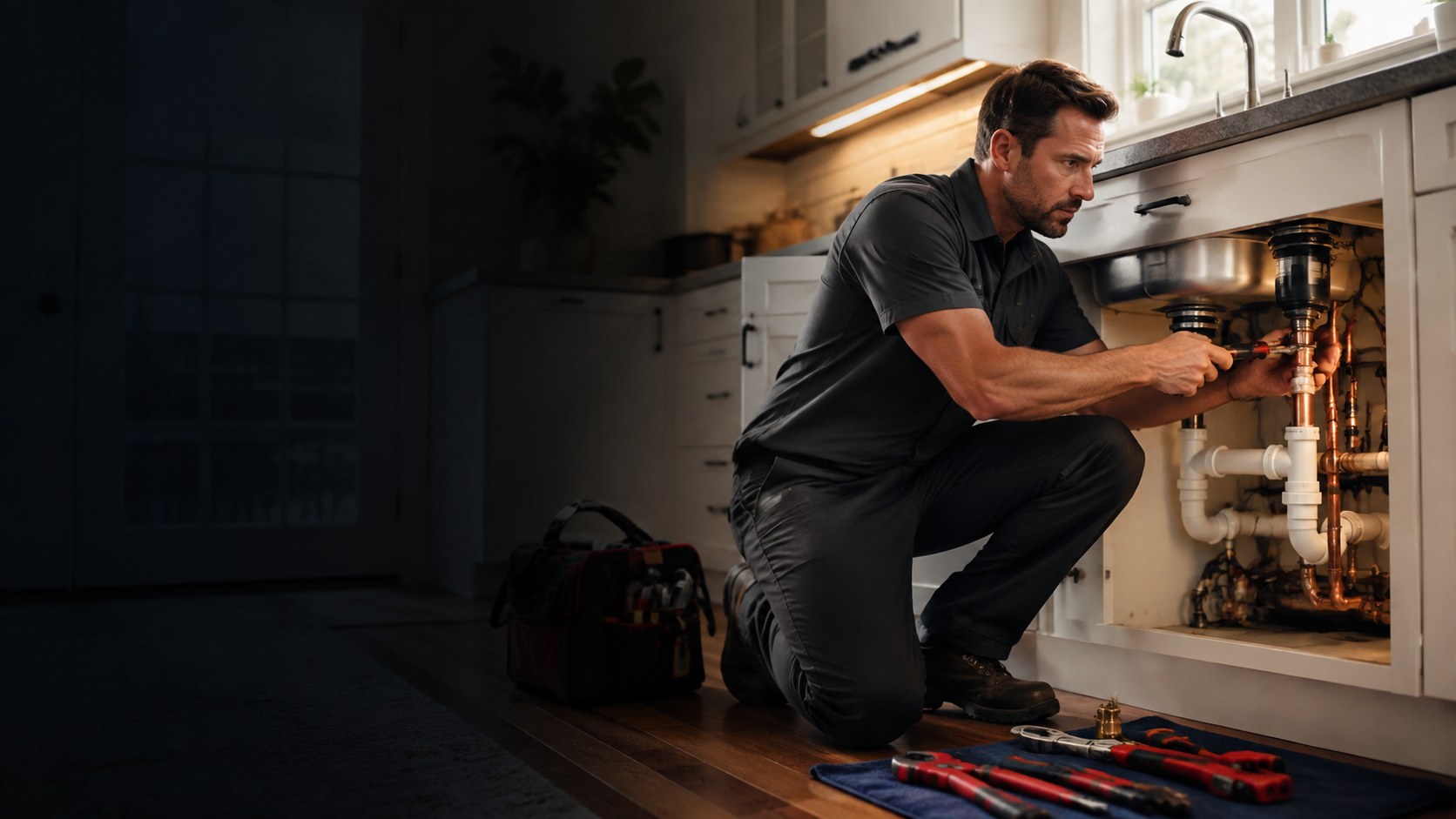 Professional plumber repairing pipes beneath a kitchen sink